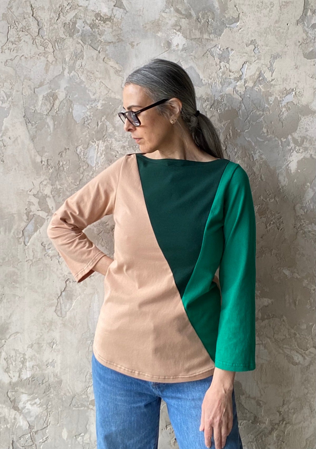 Triangle Top Color Block, tan and greens