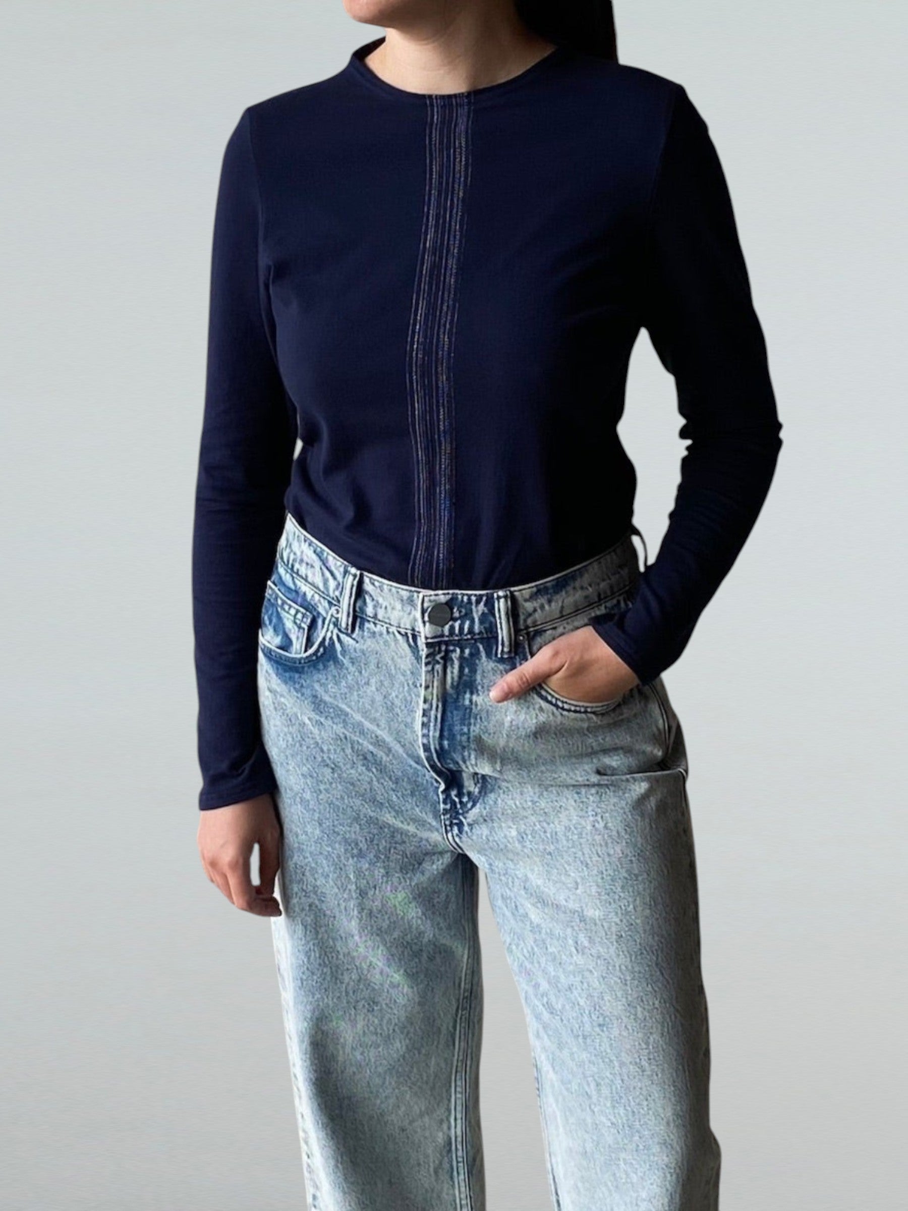High Neck Sleeveless Knit Top, Navy with White Center Lines.