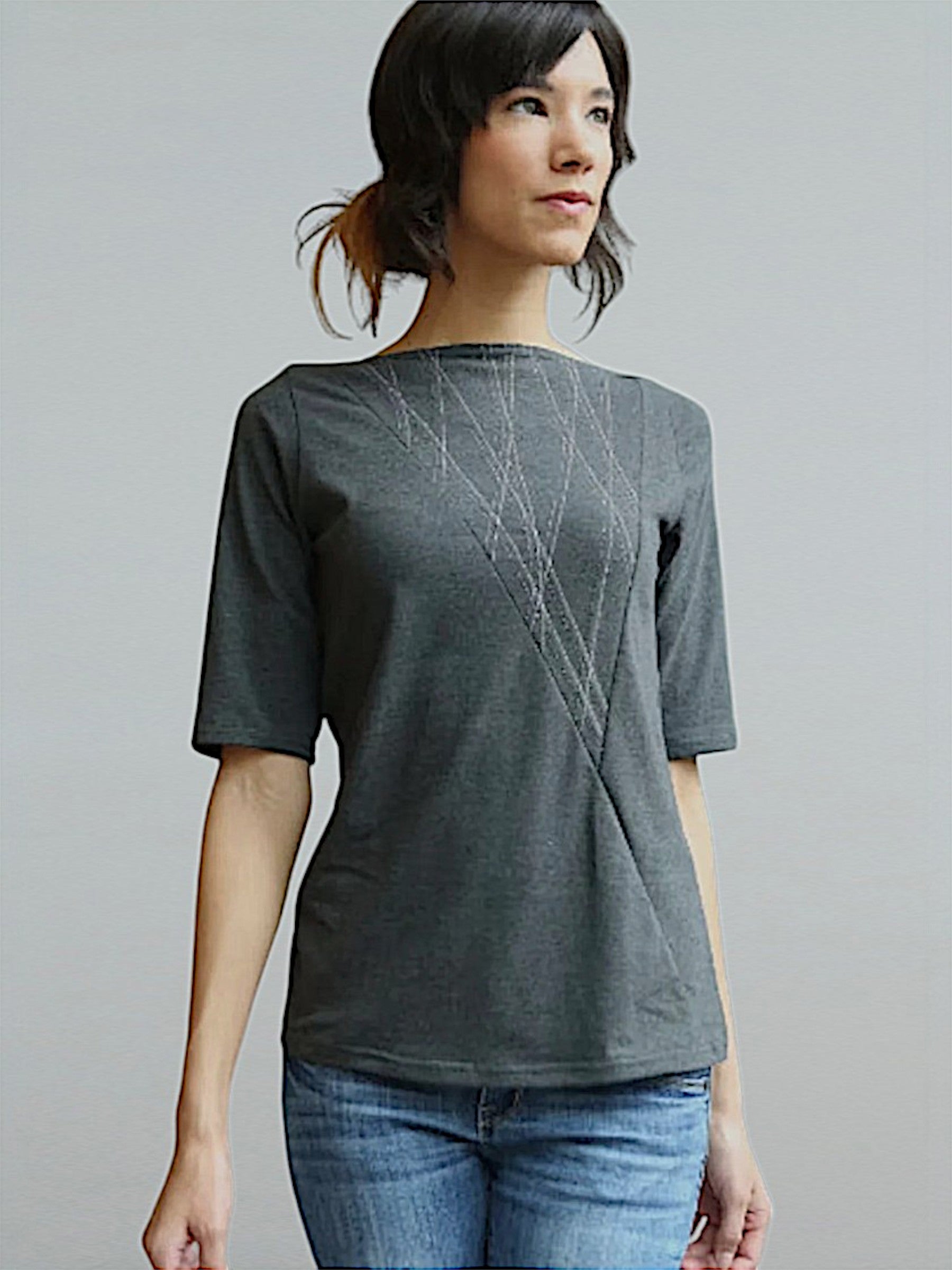 Envelope Neck Top with Mid Sleeves in Grey.