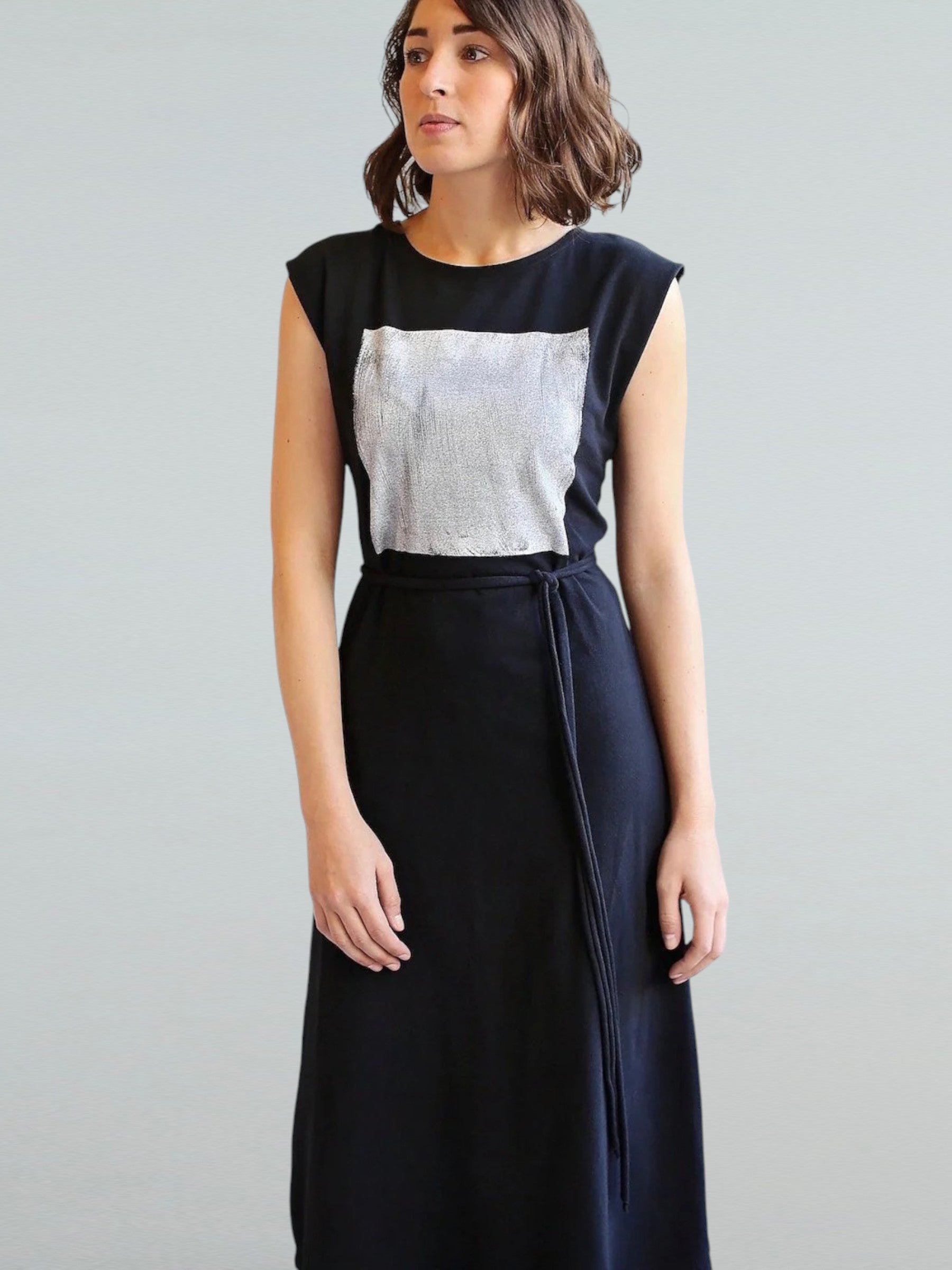 Knit Jersey Dress, Black with White Square at the Front.