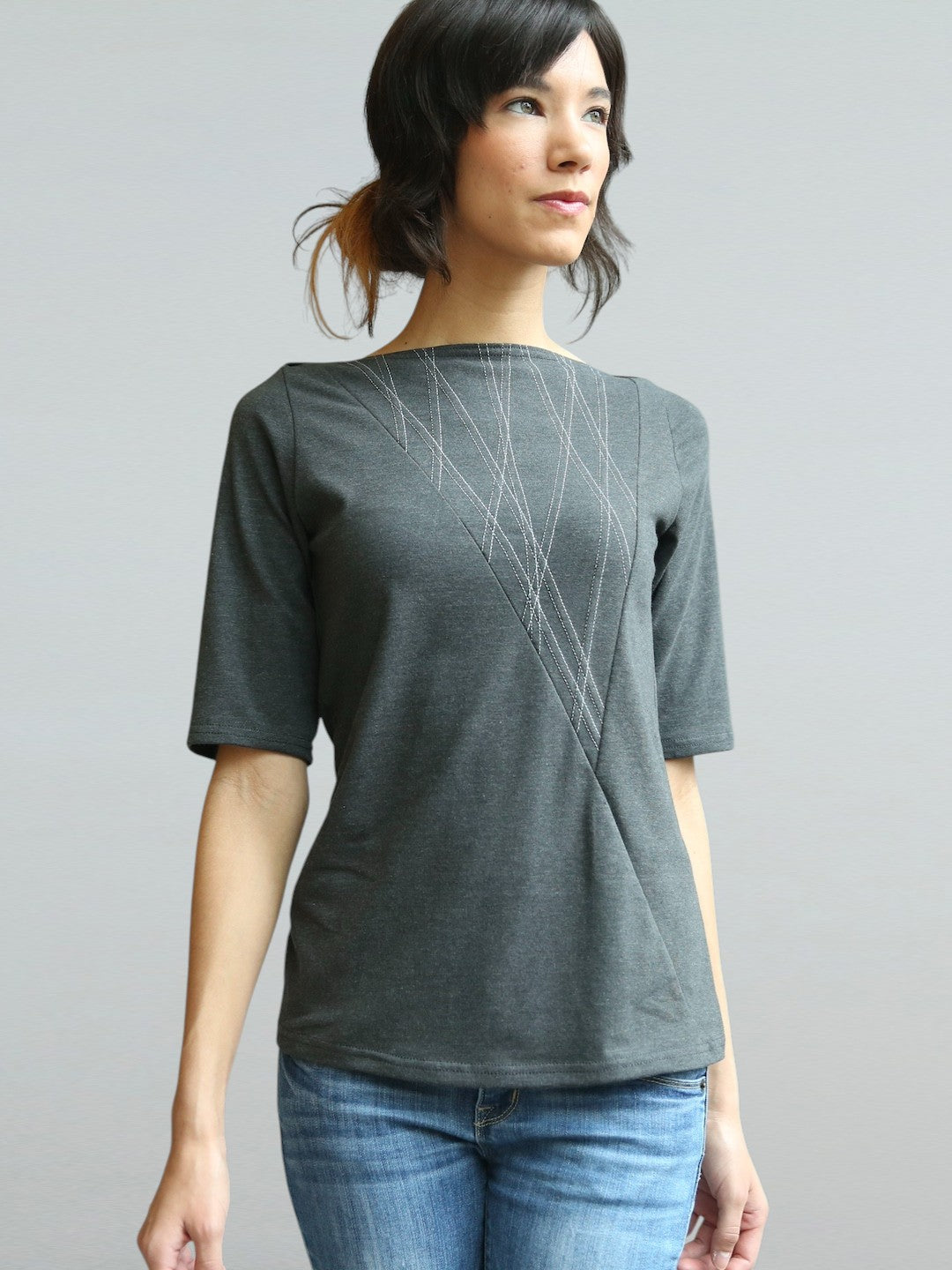 Envelope Neck Top with Mid Sleeves in Grey.