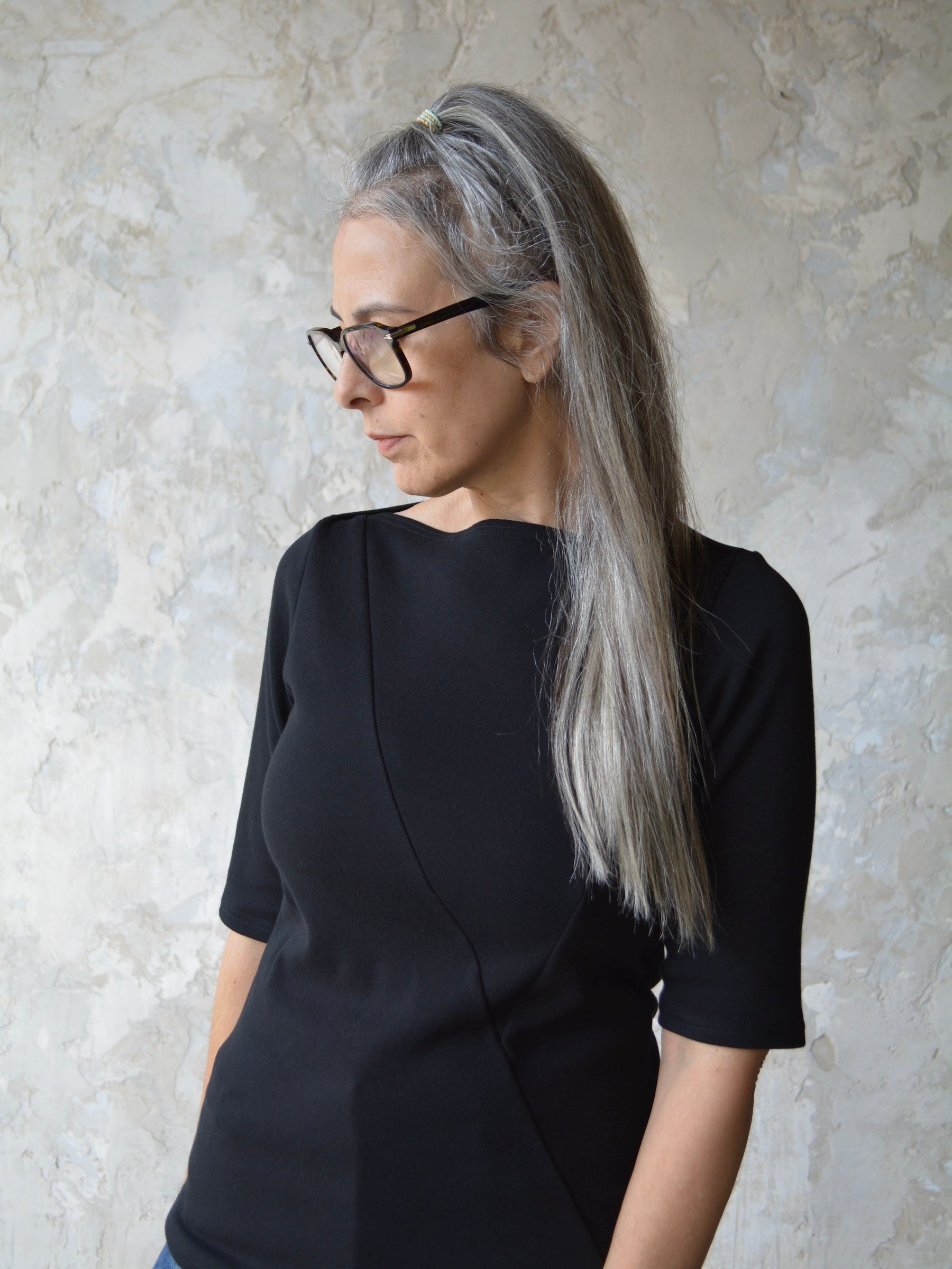 Half Sleeve Top in Black Heavyweight Cotton Knit